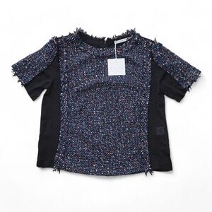 FRNCH by Lucy Paris Frayed Tweed Blue‎ / Black Short Sleeve Blouse Top Women's L